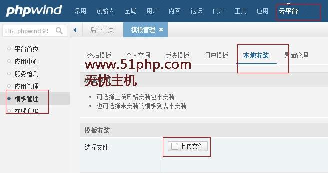 phpwind 后 台/caption 3.选 择 上 传 文 件.把 自 己 的 模 板 文 件 的 压 缩 包 上 传.之 后 会... 2.进 ...